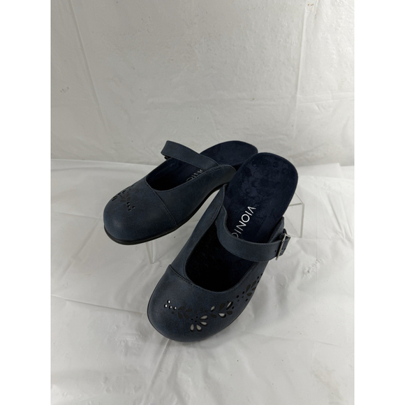 Vionic Midway size 5 Mule Clogs Blue Leather Laser Cutout Floral Arch Support - Picture 16 of 16